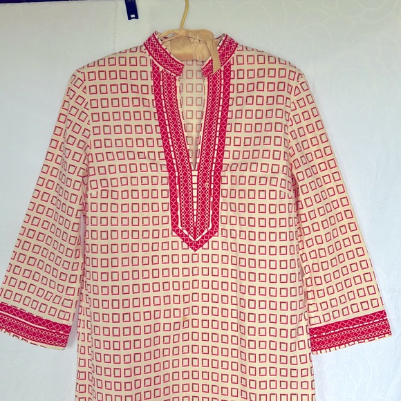 TORY BURCH orange, red, cream square printed mini dress w/3/4 sleeves. Size 2 - Picture 2 of 13